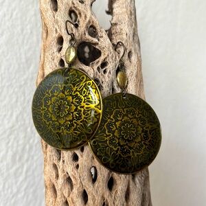 Pair of round bohemian stamped brass earrings